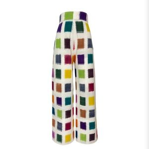 Wide Leg Knit Trousers with Multicolor Square Print - White